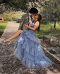 Ball Gown/Princess V-neck Tulle Glitter Sweep Train Prom Dresses With Tiered