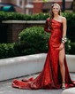 Trumpet/Mermaid One Shoulder Sequined Sweep Train Prom Dresses With Split Front