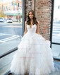 Ball Gown/Princess V-neck Tulle Glitter Sweep Train Prom Dresses With Tiered