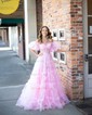 Ball Gown/Princess Off-the-shoulder Tulle Sweep Train Prom Dresses With Sashes / Ribbons