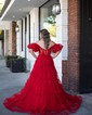 Ball Gown/Princess Off-the-shoulder Tulle Sweep Train Prom Dresses With Sashes / Ribbons