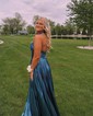 A-line Halter Metallic Floor-length Prom Dresses With Ruched