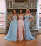 Ball Gown/Princess V-neck Tulle Sweep Train Prom Dresses With Appliques Lace