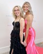 Ball Gown/Princess V-neck Tulle Sweep Train Prom Dresses With Appliques Lace