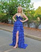 A-line Sweetheart Chiffon Sweep Train Prom Dresses With Appliques Lace