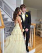 Ball Gown V-neck Tulle Lace Prom Dresses With Appliques Lace