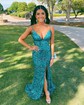 Sheath/Column V-neck Sparkly Sequin Prom Dresses With Fringe