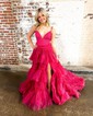 Ball Gown/Princess V-neck Tulle Glitter Sweep Train Prom Dresses With Tiered