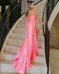 Trumpet/Mermaid V-neck Silk-like Satin Sweep Train Prom Dresses With Ruched