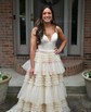 Ball Gown/Princess V-neck Tulle Glitter Sweep Train Prom Dresses With Tiered