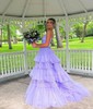 Ball Gown/Princess V-neck Tulle Glitter Sweep Train Prom Dresses With Tiered