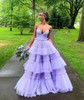 Ball Gown/Princess V-neck Tulle Glitter Sweep Train Prom Dresses With Tiered