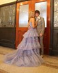 Ball Gown/Princess V-neck Tulle Glitter Sweep Train Prom Dresses With Tiered