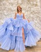 Ball Gown/Princess V-neck Tulle Glitter Sweep Train Prom Dresses With Tiered