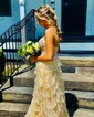 Ball Gown/Princess V-neck Tulle Sweep Train Prom Dresses With Appliques Lace