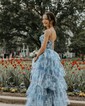 Ball Gown/Princess Halter Tulle Sweep Train Prom Dresses With Tiered