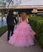 Ball Gown/Princess V-neck Tulle Glitter Sweep Train Prom Dresses With Tiered