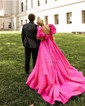 Ball Gown/Princess Off-the-shoulder Satin Sweep Train Prom Dresses With Ruched