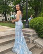 Trumpet/Mermaid V-neck Glitter Sweep Train Prom Dresses With Appliques Lace