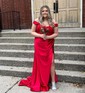 Trumpet/Mermaid Off-the-shoulder Silk-like Satin Sweep Train Prom Dresses With Beading