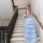 Ball Gown/Princess Off-the-shoulder Tulle Sweep Train Prom Dresses With Appliques Lace