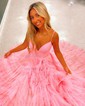 Ball Gown/Princess V-neck Tulle Glitter Sweep Train Prom Dresses With Tiered