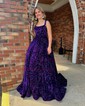 Ball Gown/Princess Square Neckline Velvet Sequins Sweep Train Prom Dresses With Pockets