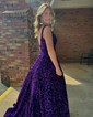 Ball Gown/Princess Square Neckline Velvet Sequins Sweep Train Prom Dresses With Pockets