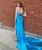 Trumpet/Mermaid V-neck Silk-like Satin Sweep Train Prom Dresses With Ruched