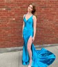 Trumpet/Mermaid V-neck Silk-like Satin Sweep Train Prom Dresses With Ruched