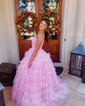 Ball Gown/Princess V-neck Tulle Glitter Sweep Train Prom Dresses With Tiered