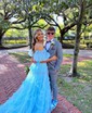 Ball Gown/Princess Off-the-shoulder Tulle Sweep Train Prom Dresses With Sashes / Ribbons