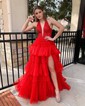 Ball Gown/Princess Halter Tulle Glitter Sweep Train Prom Dresses With Appliques Lace