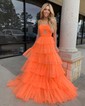 Ball Gown/Princess Halter Tulle Sweep Train Prom Dresses With Tiered