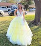 Ball Gown/Princess Sweep Train V-neck Tulle Appliques Lace Prom Dresses