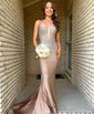 Sheath/Column V-neck Silk-like Satin Sweep Train Beading Prom Dresses