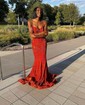 Trumpet/Mermaid V-neck Velvet Sequins Sweep Train Prom Dresses