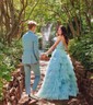 Ball Gown/Princess V-neck Tulle Glitter Sweep Train Prom Dresses With Tiered