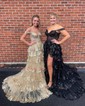 Trumpet/Mermaid Off-the-shoulder Sequined Sweep Train Prom Dresses With Appliques Lace