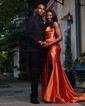 Trumpet/Mermaid Sweetheart Silk-like Satin Sweep Train Prom Dresses With Ruched