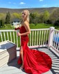 Trumpet/Mermaid Sweetheart Silk-like Satin Sweep Train Prom Dresses With Ruched