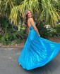 A-line Halter Metallic Sweep Train Prom Dresses With Ruched