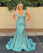 Trumpet/Mermaid V-neck Sequined Sweep Train Prom Dresses