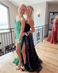 Sheath/Column Sweep Train V-neck Sequined Appliques Lace Prom Dresses