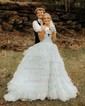 Ball Gown/Princess V-neck Tulle Glitter Sweep Train Prom Dresses With Tiered