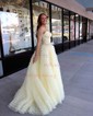 Ball Gown Sweetheart Tulle Sweep Train Prom Dresses With Appliques Lace