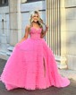 Ball Gown Sweetheart Tulle Sweep Train Prom Dresses With Appliques Lace