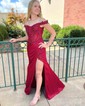 Sheath/Column Off-the-shoulder Silk-like Satin Sweep Train Prom Dresses With Beading