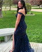 Trumpet/Mermaid Off-the-shoulder Sequined Sweep Train Prom Dresses With Appliques Lace