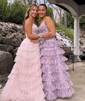 Ball Gown/Princess V-neck Tulle Sweep Train Prom Dresses With Appliques Lace